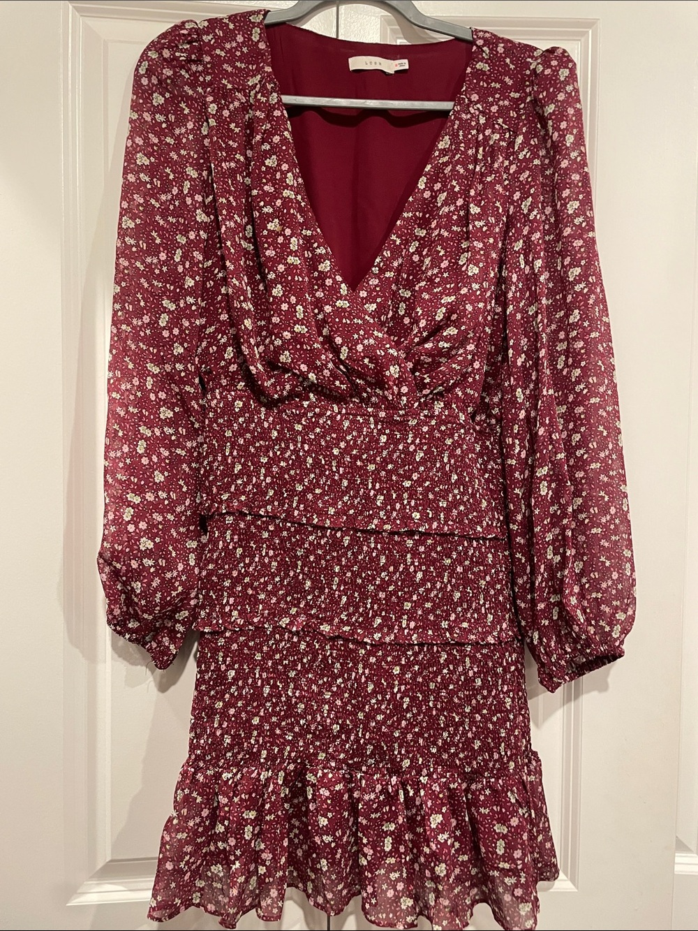 Burgundy Floral V-Neck Long Sleeve Dress